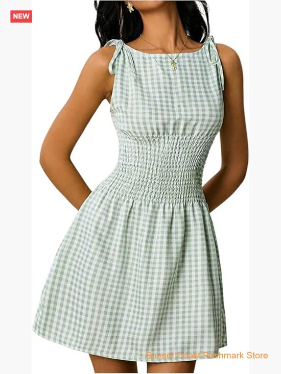 Dresses & Skirts - Tie Shoulder A Line Gingham Checkered Dress Boat Neck Sleeveless Mini
